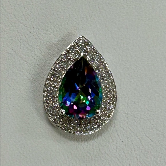 10k 10 karat white gold, mystic topaz, and diamond teardrop pendant necklace - Picture 2 of 11
